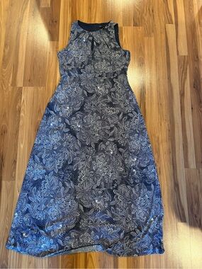 Maggy London Navy and White Sleeveless Maxi Dress